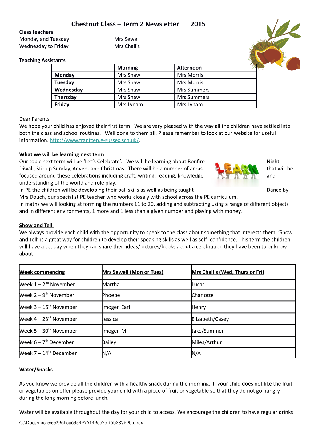 Chestnut Class Term 2 Newsletter 2015