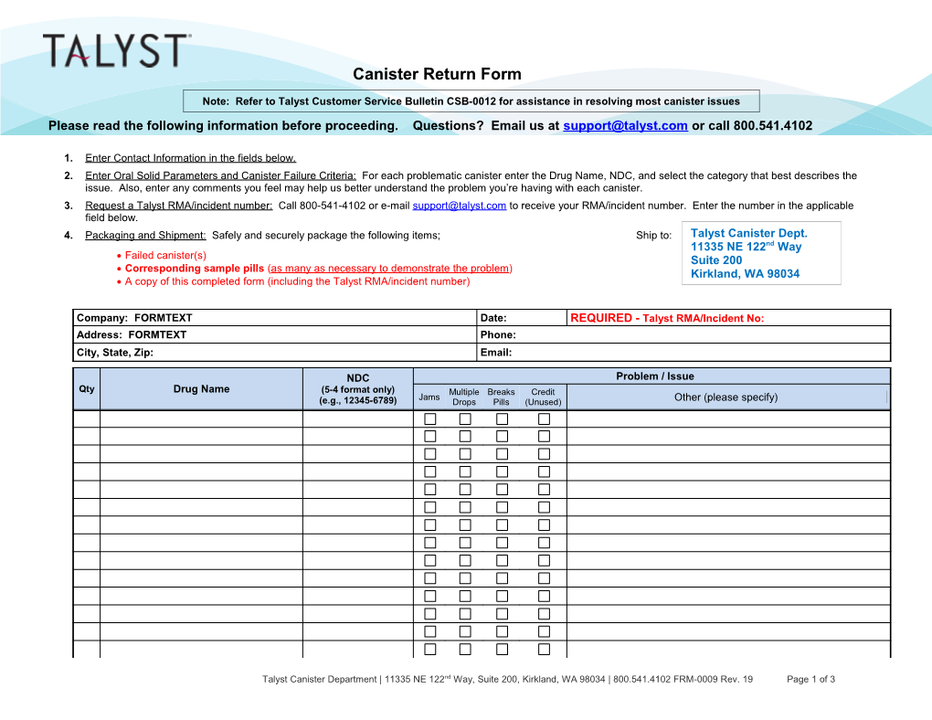 Canister Return Form