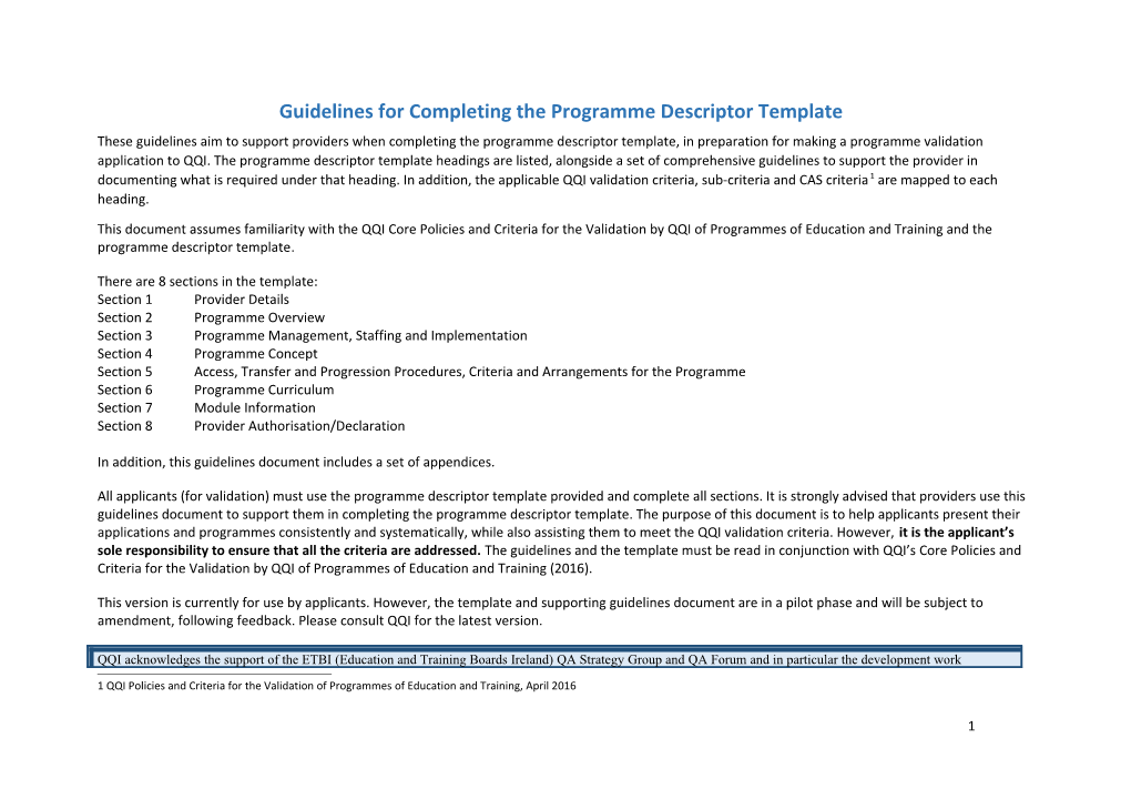 Programme Descriptor Template Guidelines Pilot Version June 2017