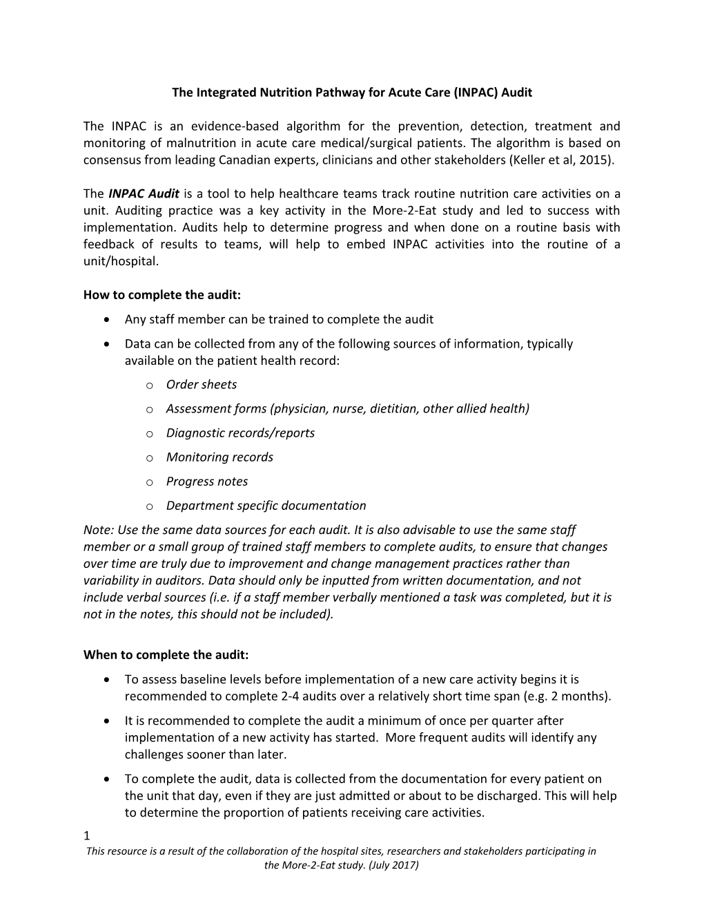 The Integrated Nutrition Pathway for Acute Care (INPAC) Audit