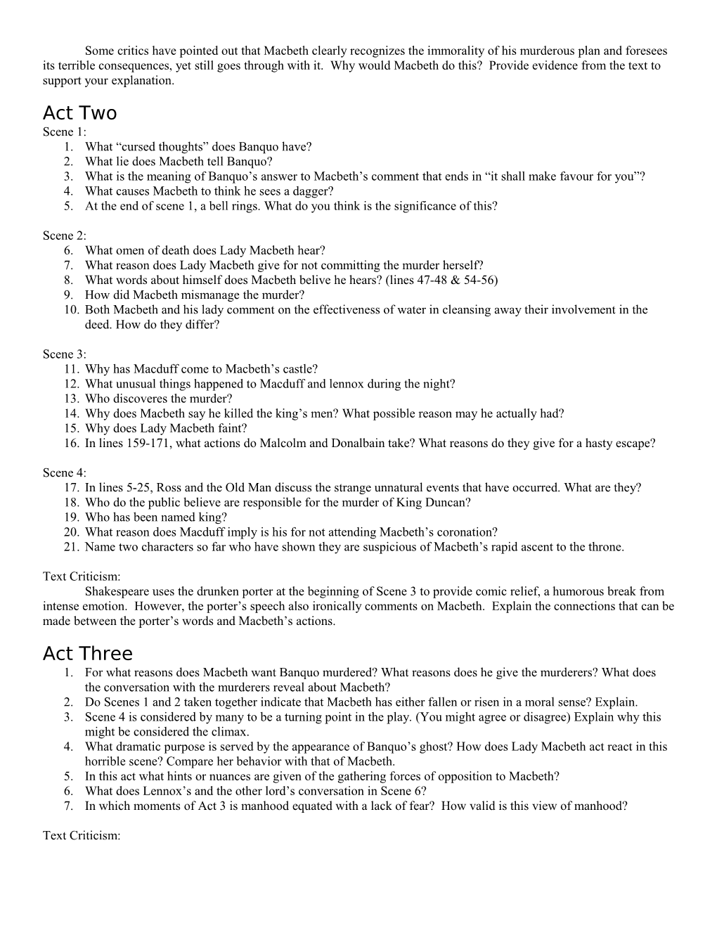 Macbeth Study Guide Questions
