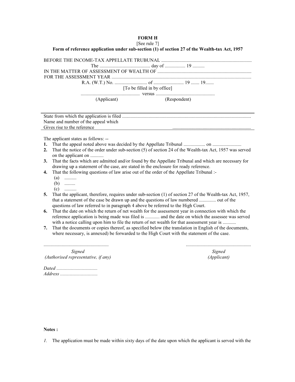 Form of Reference Application Under Sub-Section (1) of Section 27 of the Wealth-Tax Act, 1957