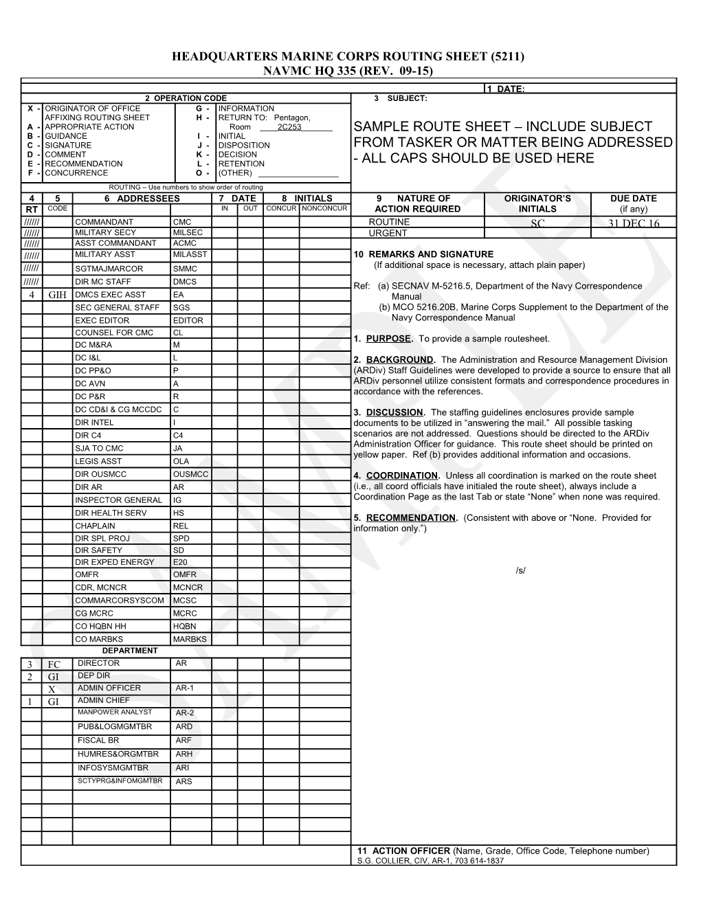 Headquarters Marine Corps Routing Sheet (5211)