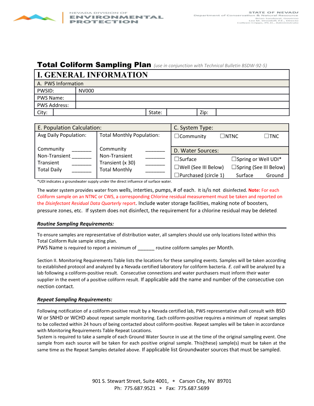 Total Coliform Sampling Plan (Use in Conjunction with Technical Bulletin BSDW-92-5)