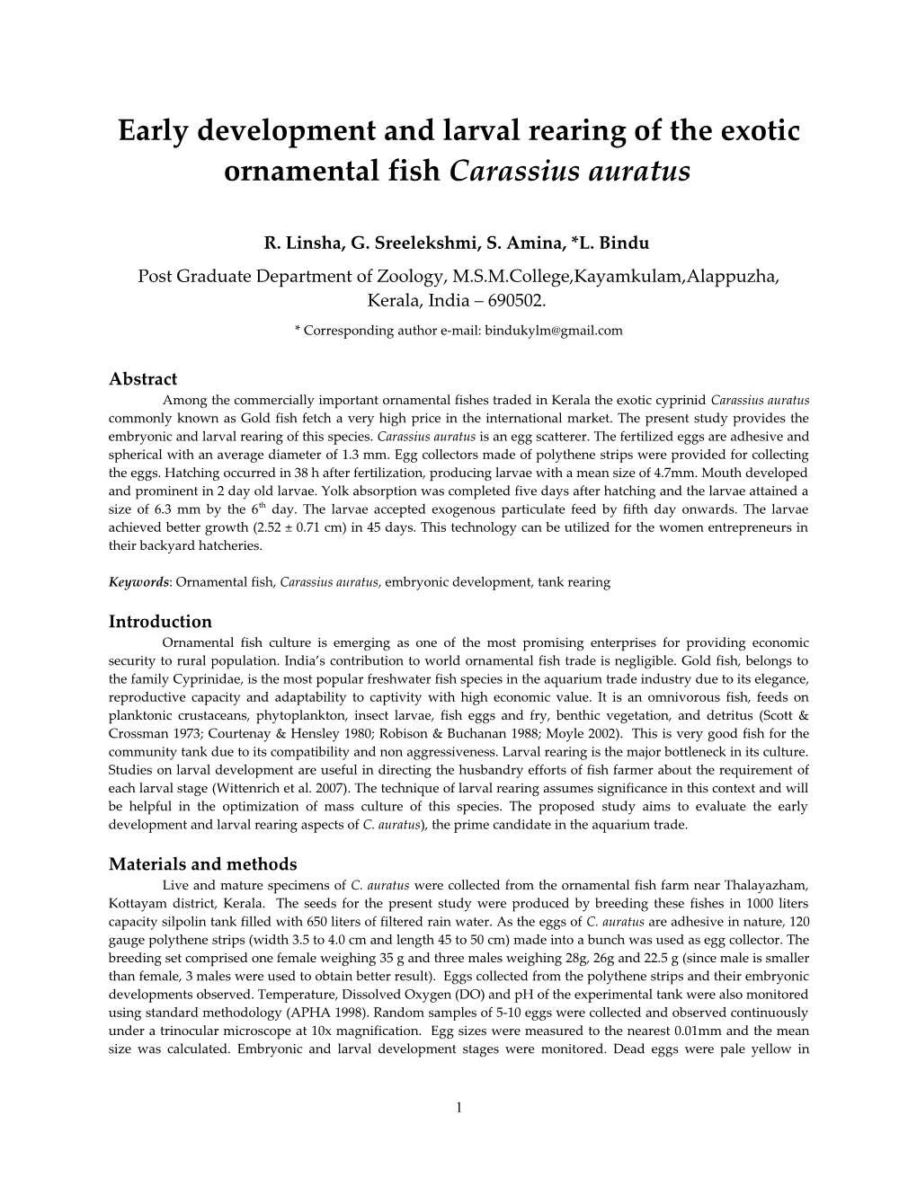 Early Development and Larval Rearing of the Exotic Ornamental Fish Carassius Auratus