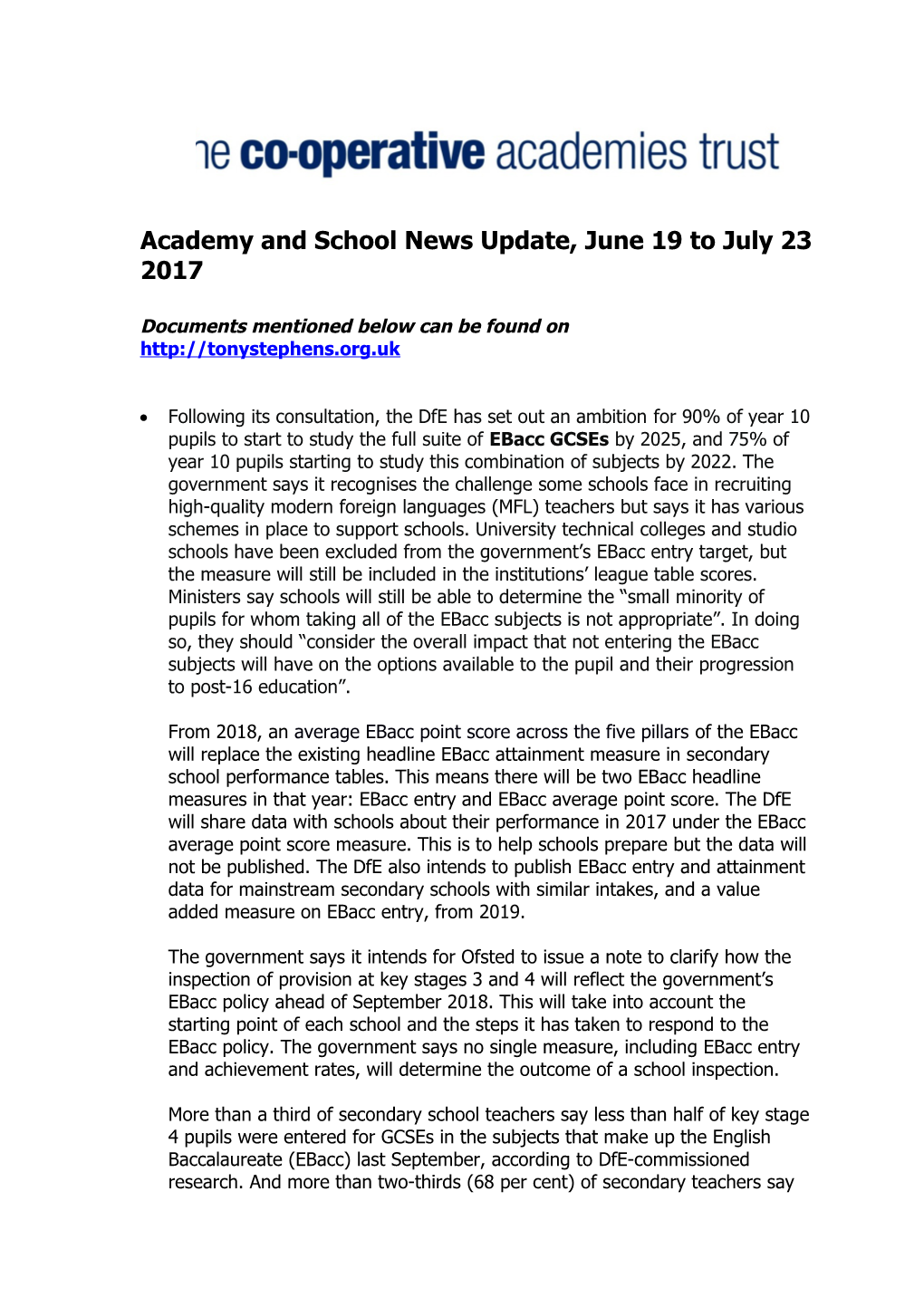 Academy and School News Update, June 19 to July 23 2017