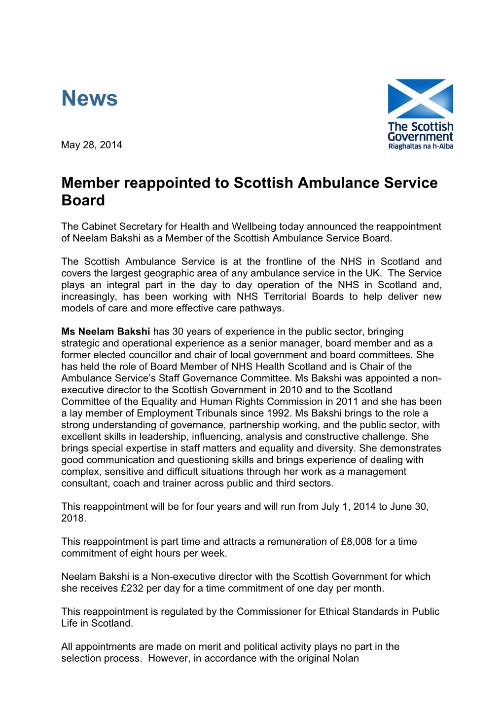 Member Reappointed to Scottish Ambulance Service Board