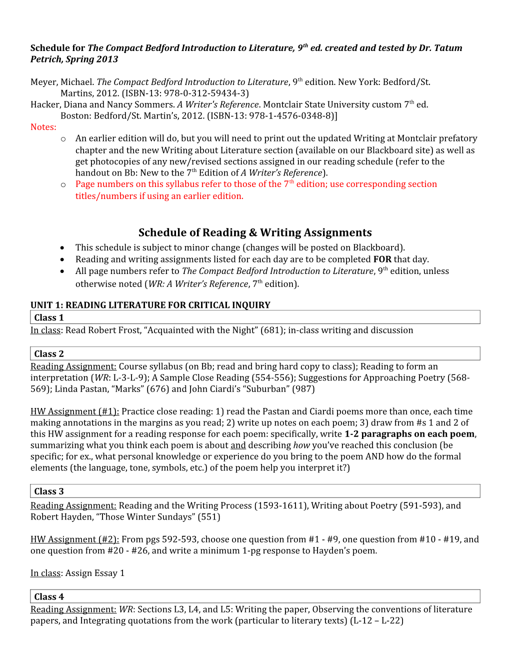 Schedule for the Compact Bedford Introduction to Literature, 9Th Ed. Created and Tested