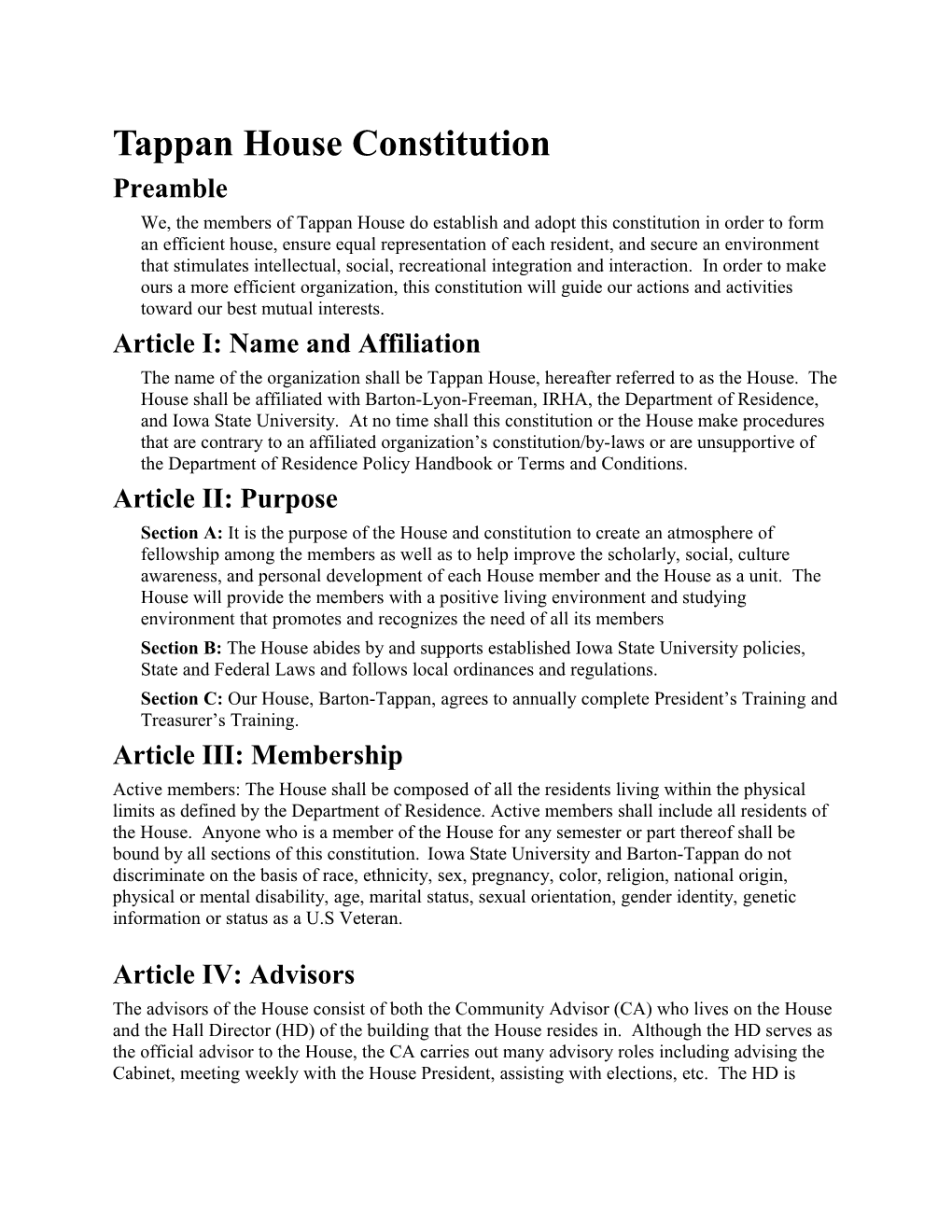 Tappan House Constitution