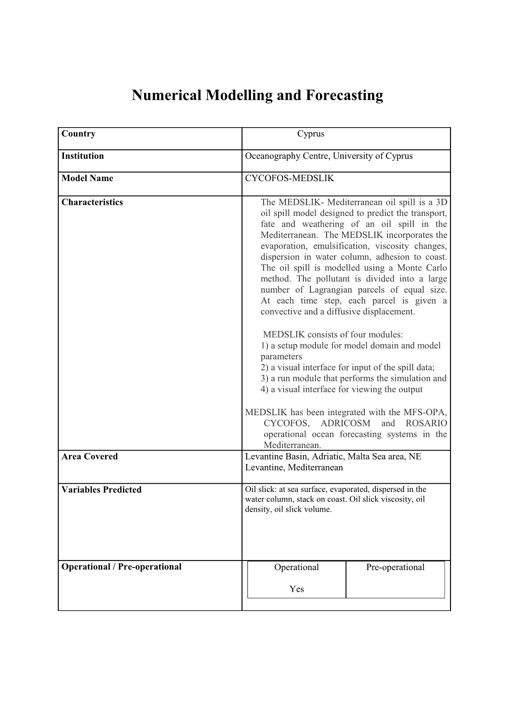 Numerical Modelling and Forecasting