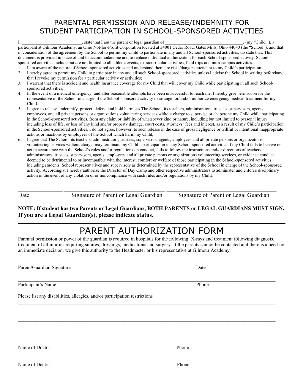 Parental Permission and Release/Indemnity For