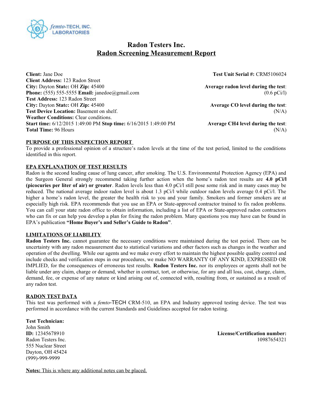 Radon Test Results Report