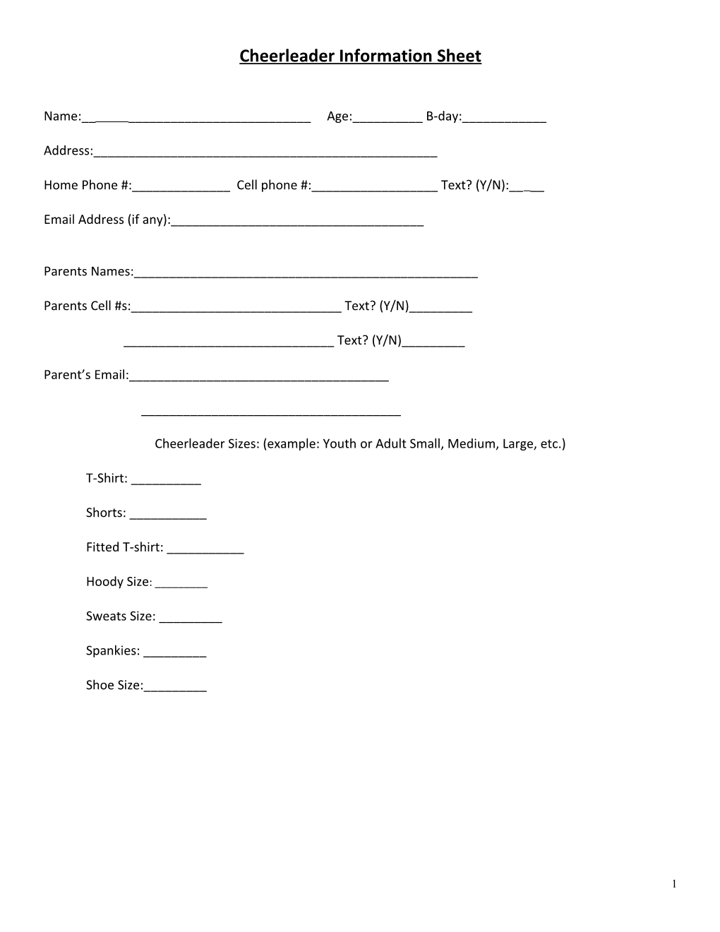 Cheerleader Information Sheet