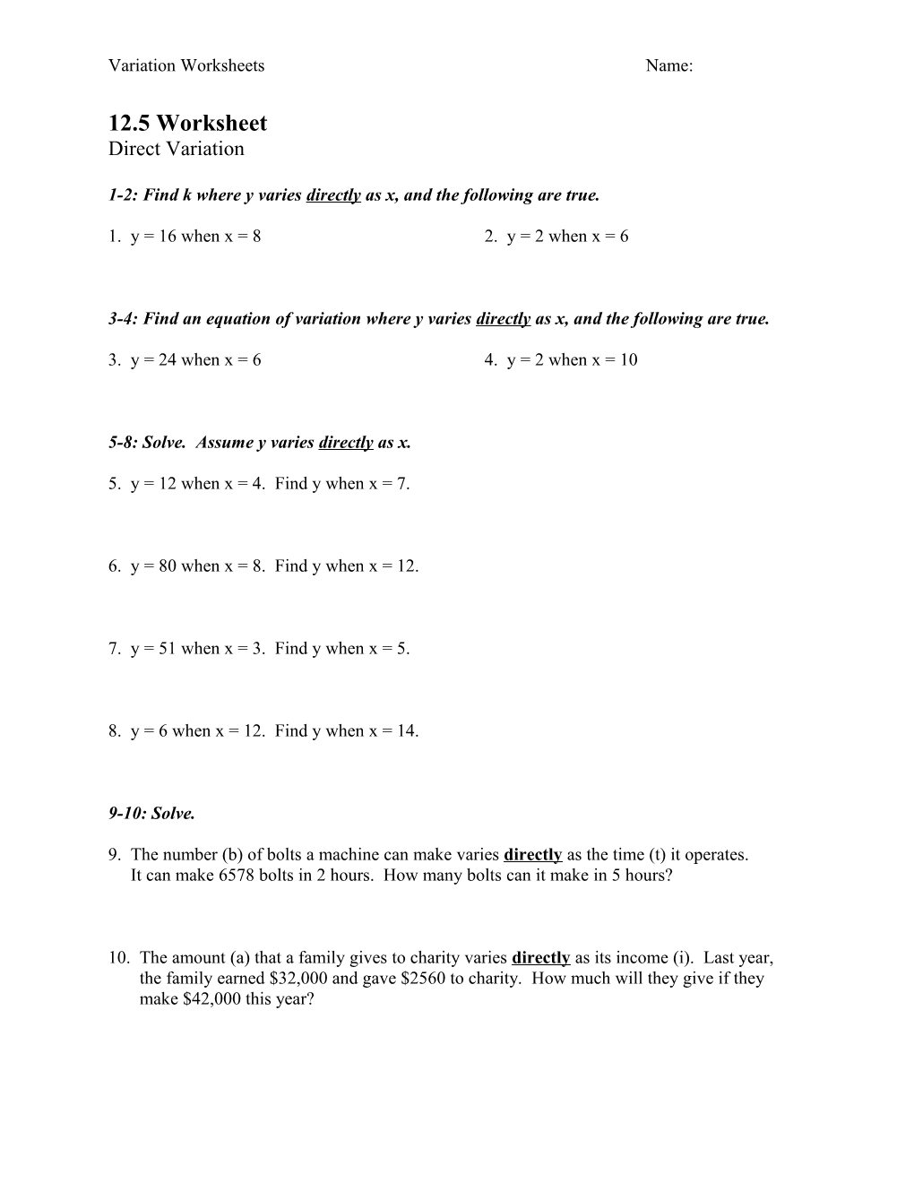 1-2: Find K Where Y Varies Directly As X, and the Following Are True