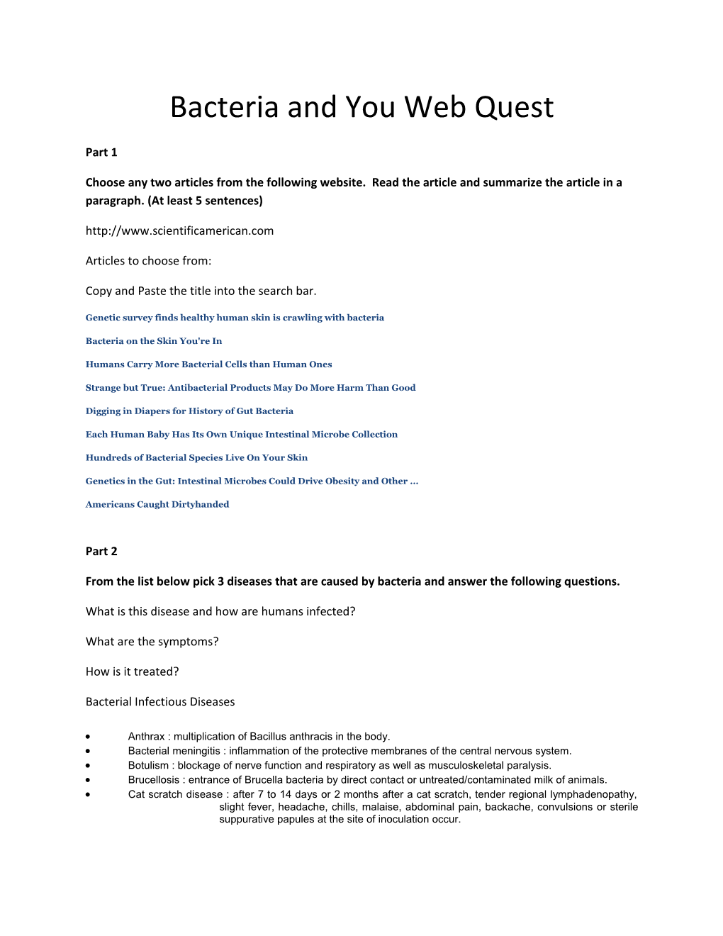 Bacteria and You Web Quest