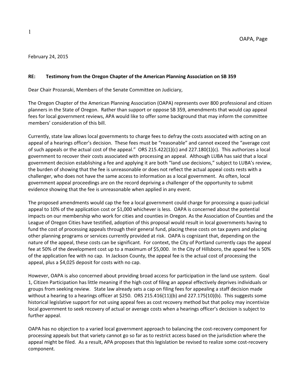 RE: Testimony from the Oregon Chapter of the American Planning Association on SB 359