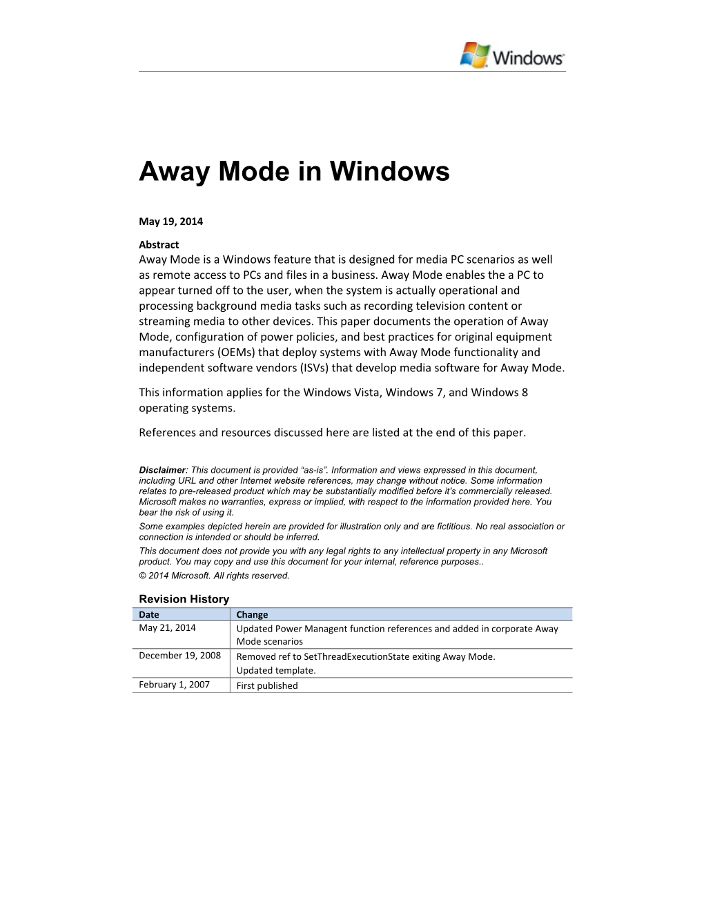 Away Mode in Windows Vista