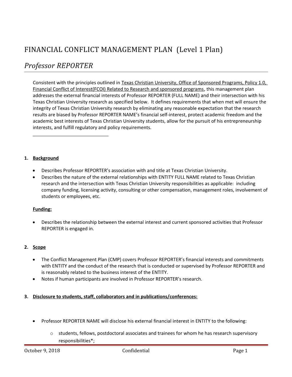FINANCIAL CONFLICT MANAGEMENT PLAN (Level 1 Plan)