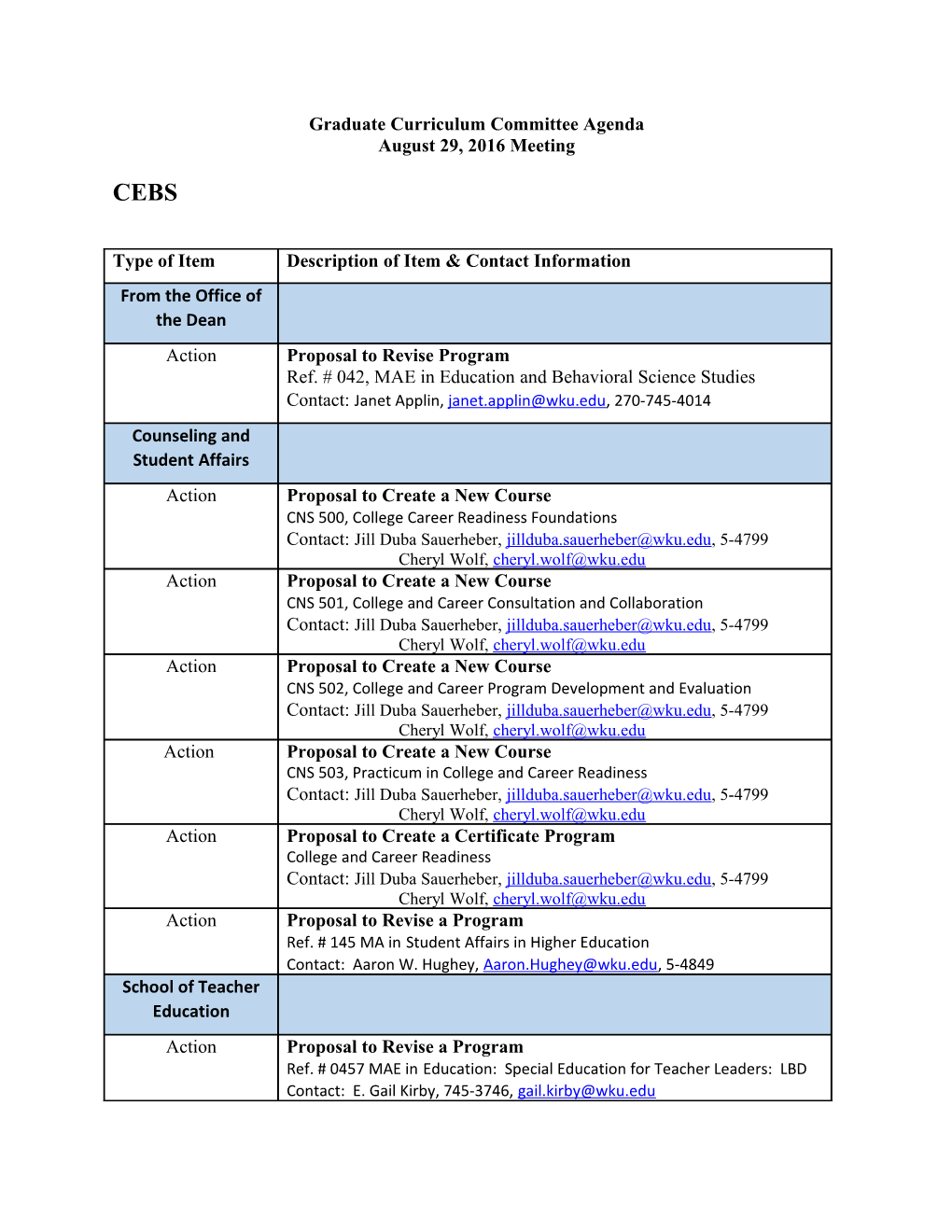 Graduate Curriculum Committee Agenda