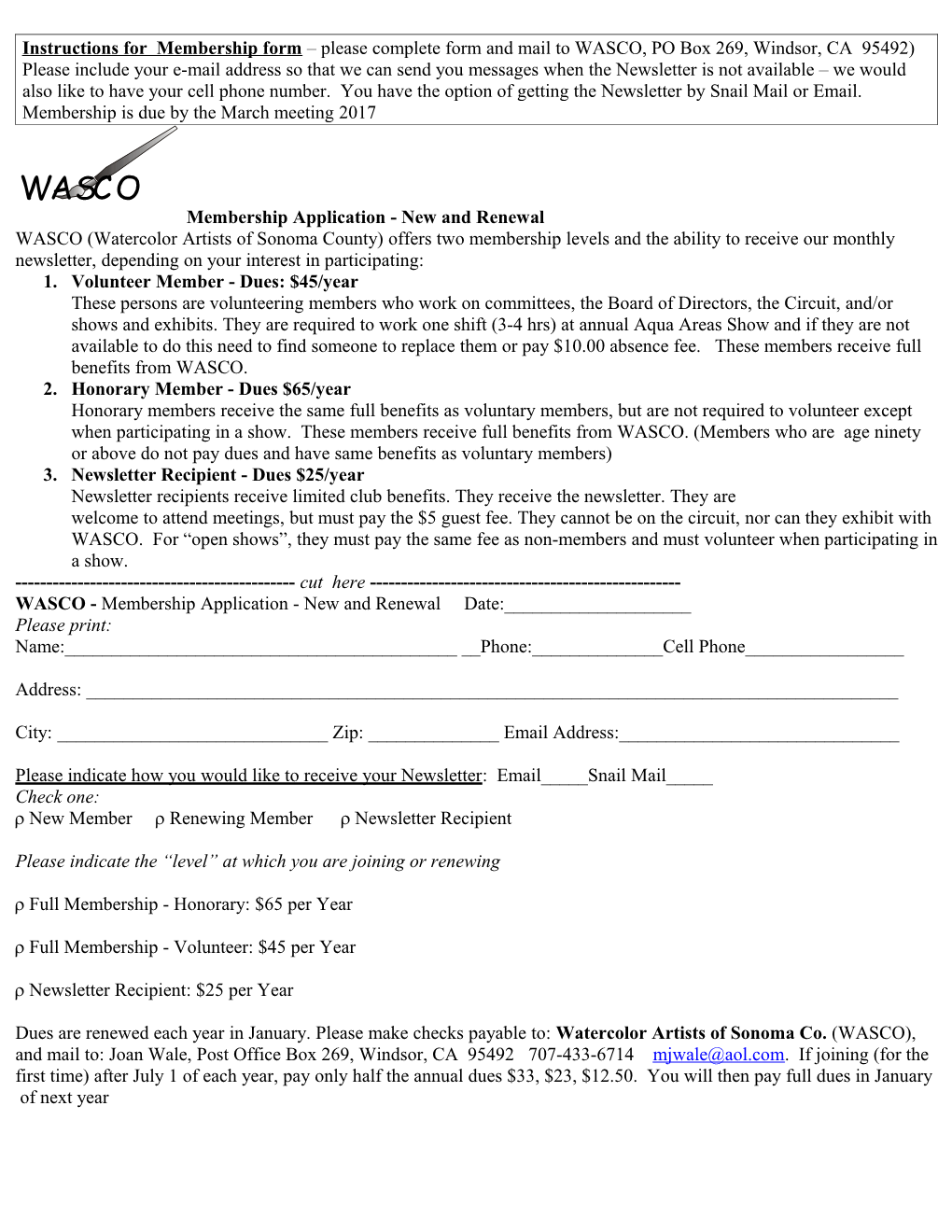 Instructions for Membership Form Please Complete Form and Mail to WASCO, PO Box 269, Windsor