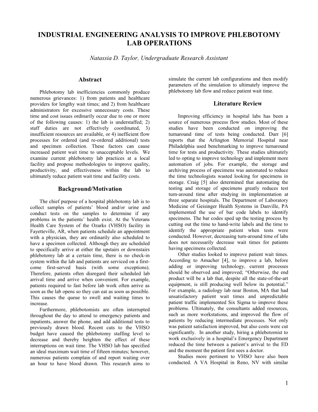 Industrial Engineering Analysis to Improve Phlebotomy Lab Operations