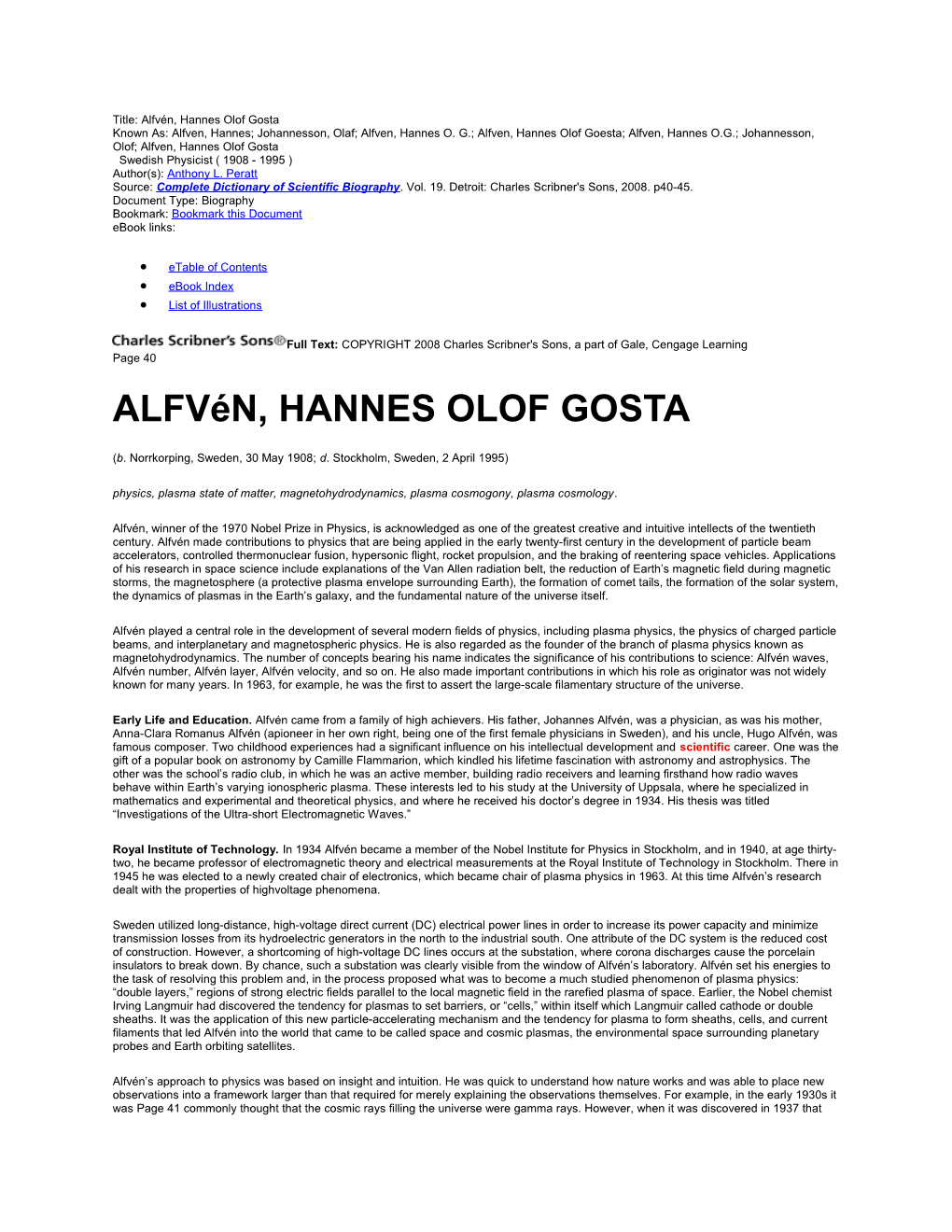 Title: Alfvén, Hannes Olof Gosta