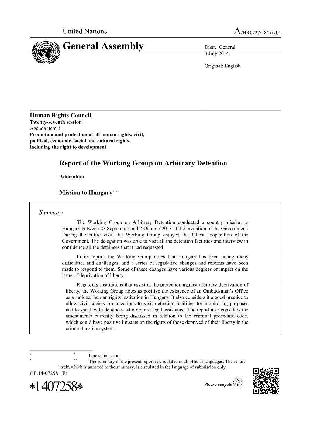 Report of the Working Group on Arbitrary Detention - Mission to Hungary in English
