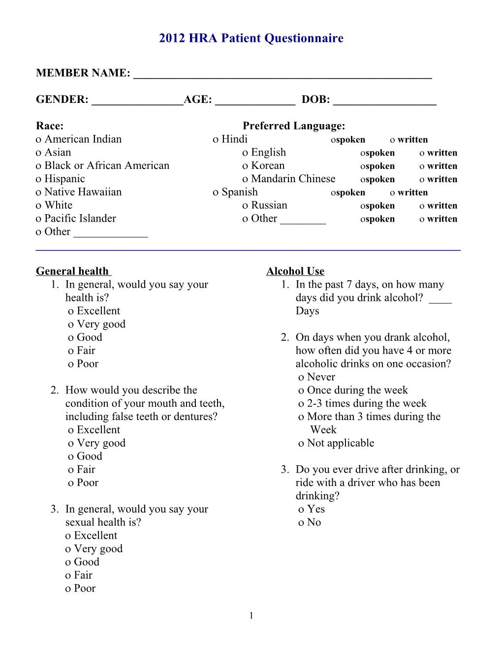 2012 HRA Patient Questionnaire