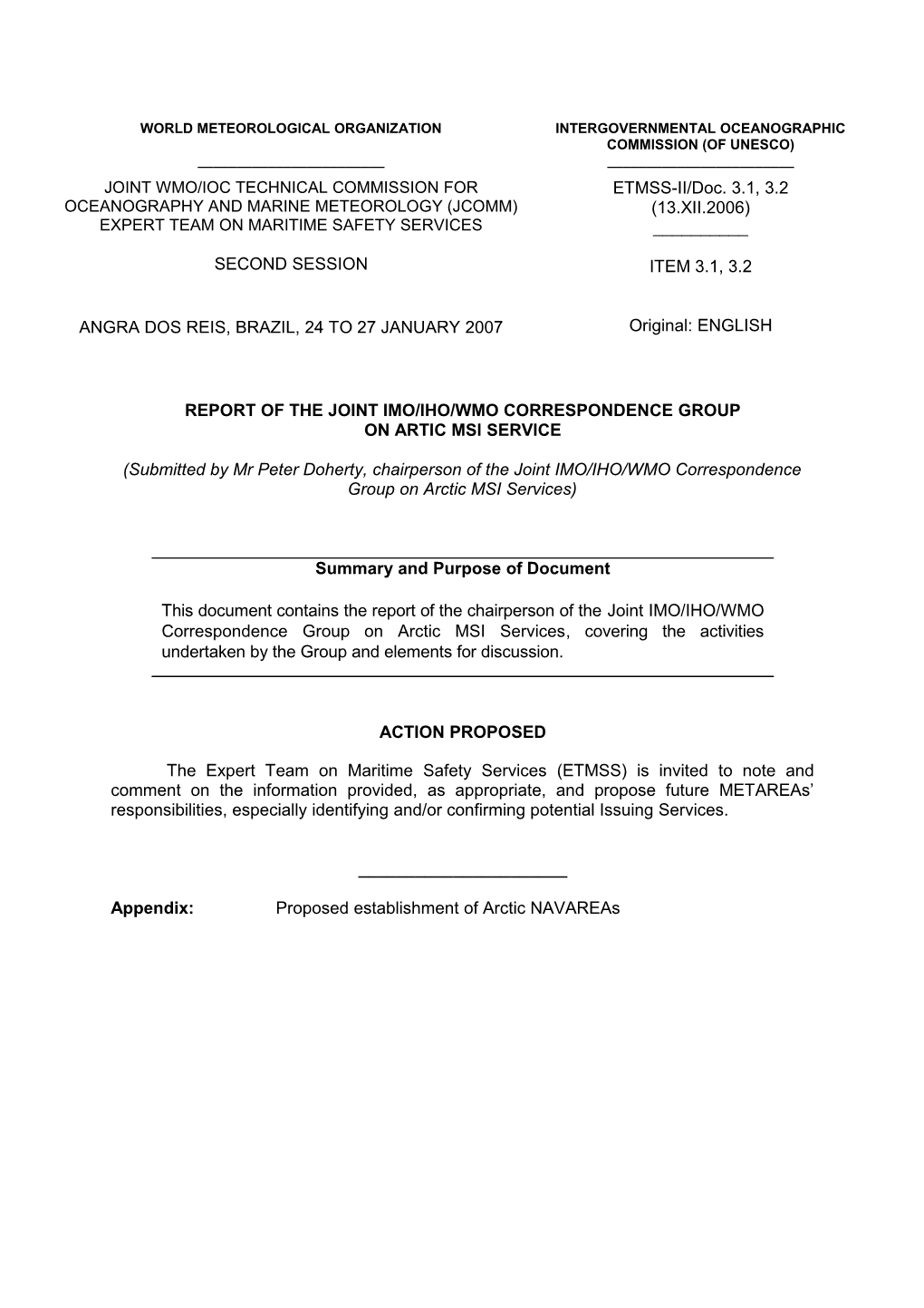 Report of the Joint Imo/Iho/Wmo Correspondence Group