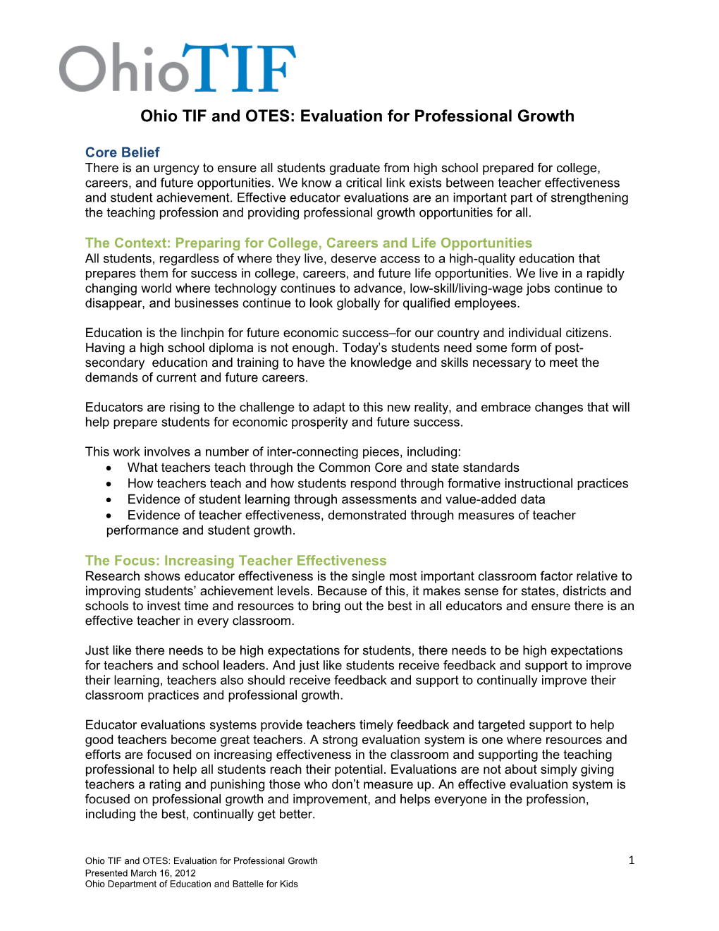 Ohio TIF and OTES: Evaluation for Professional Growth