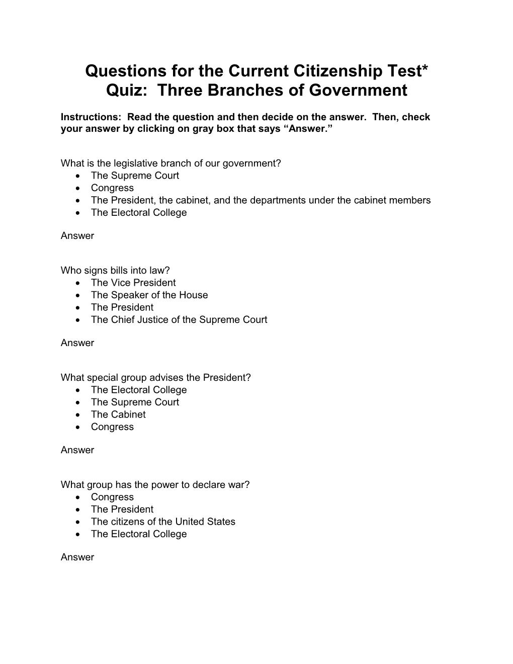 History/Civics Question for the Citizenship Test