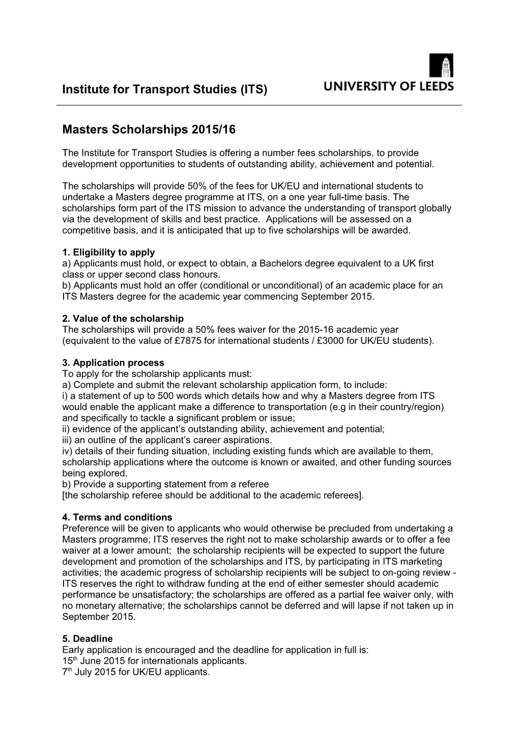 Masters Scholarships 2015/16