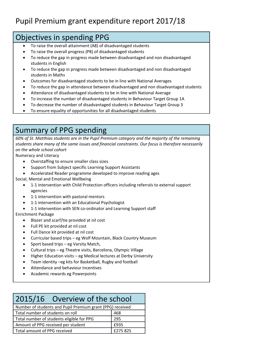Pupil Premium Grant Expenditure Report 2017/18