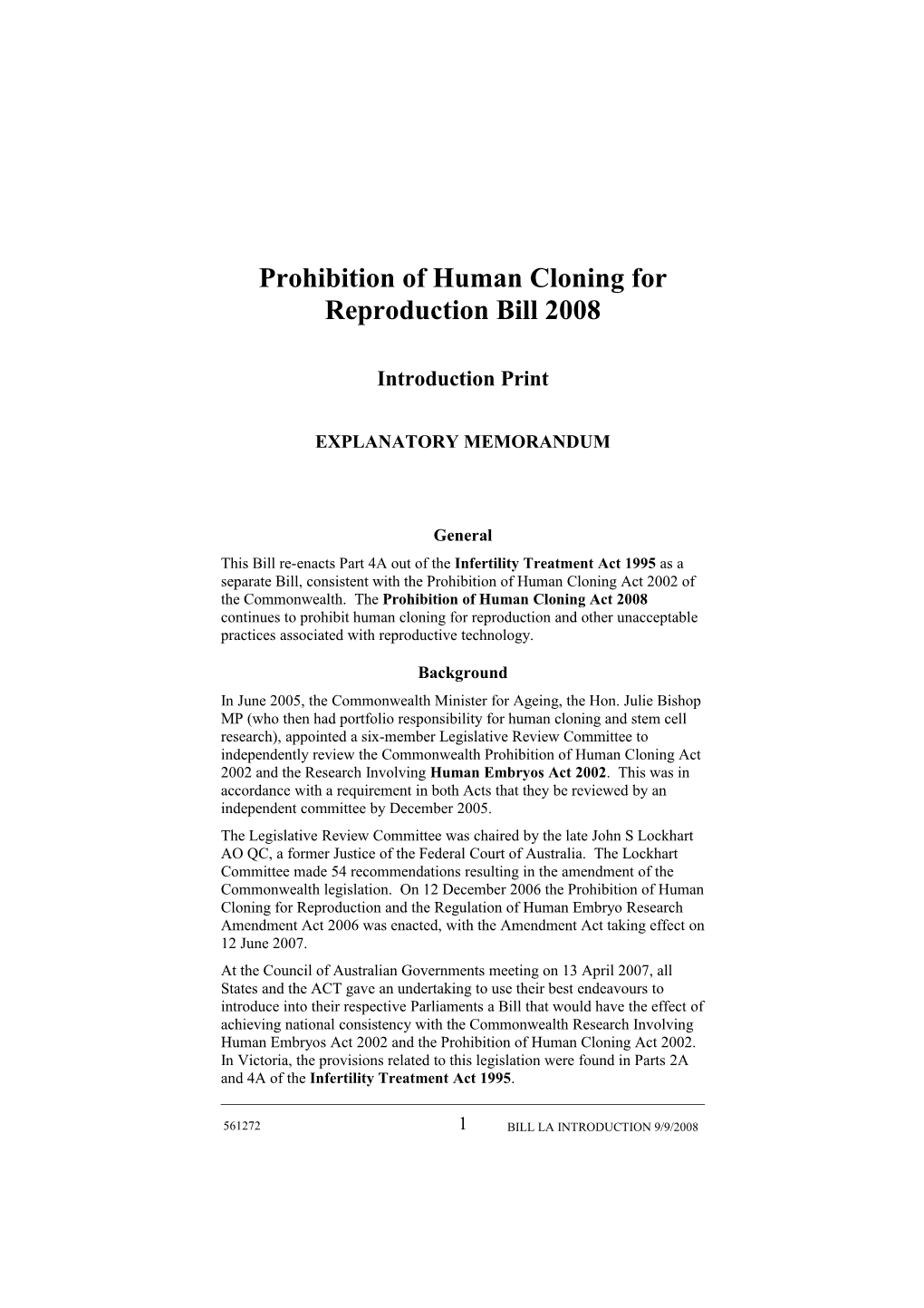 Prohibition of Human Cloning for Reproduction Bill 2008