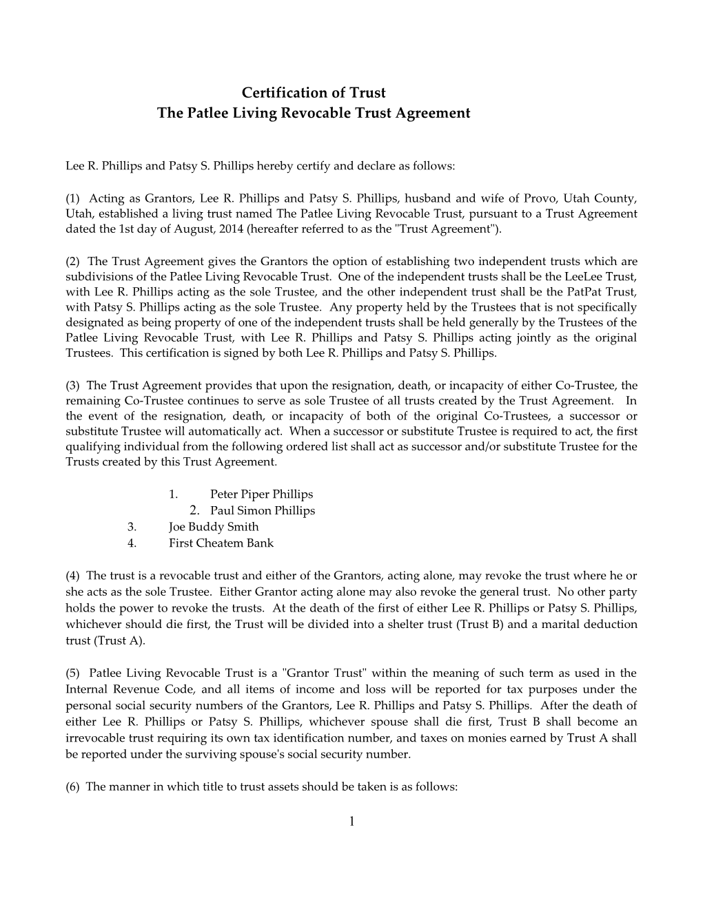 The Patlee Living Revocable Trust Agreement