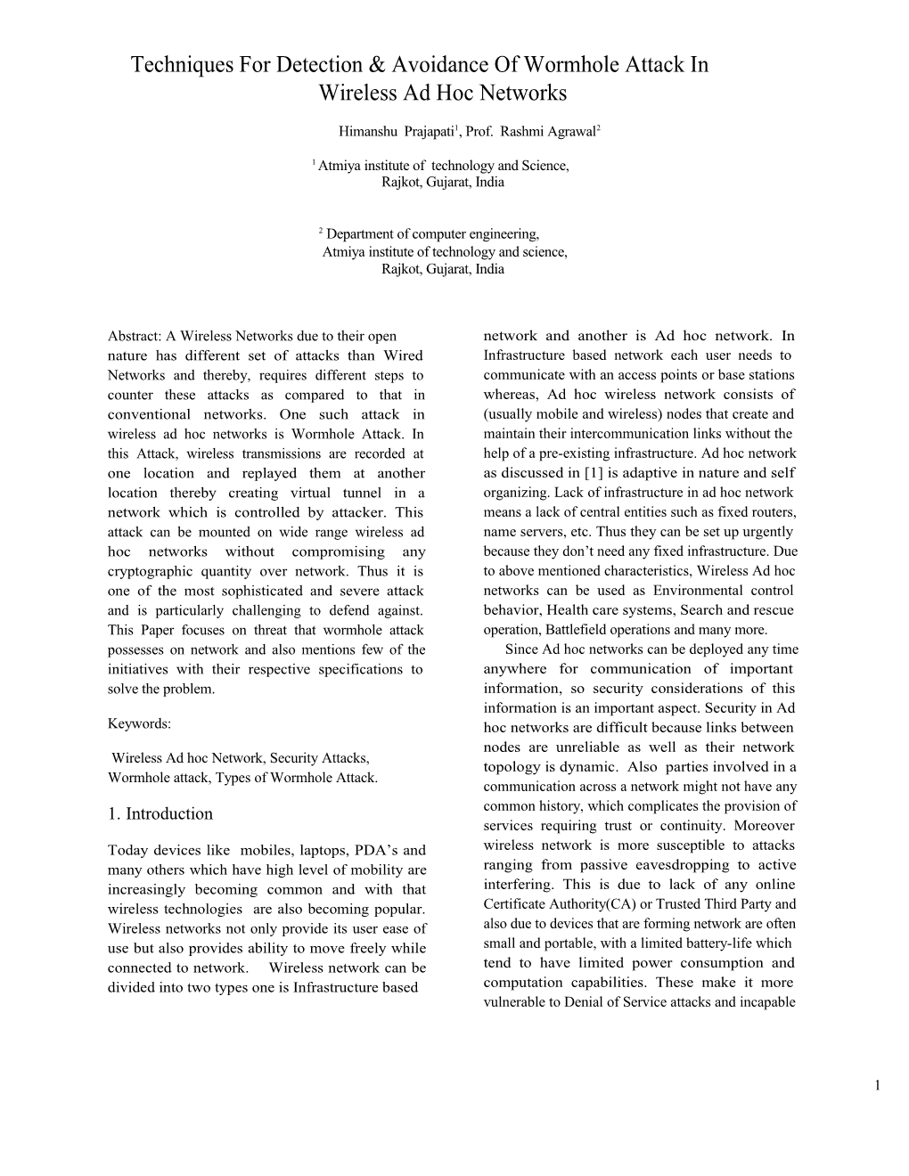 Techniques for Detection & Avoidance of Wormhole Attack in Wireless Ad Hoc Networks