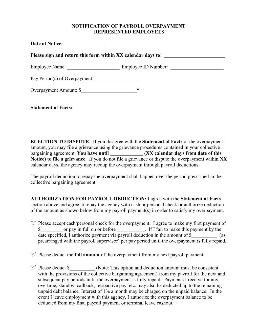 Sample Letter - Notification of Payroll Overpayment - Represented Employees