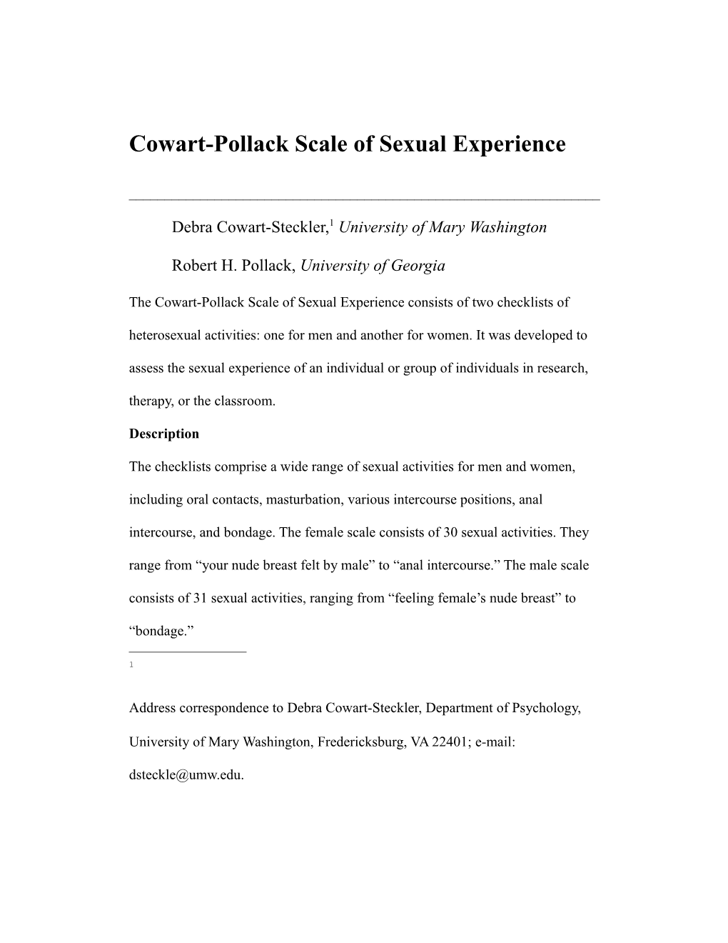 The Cowart Pollack Scale of Sexual Experience