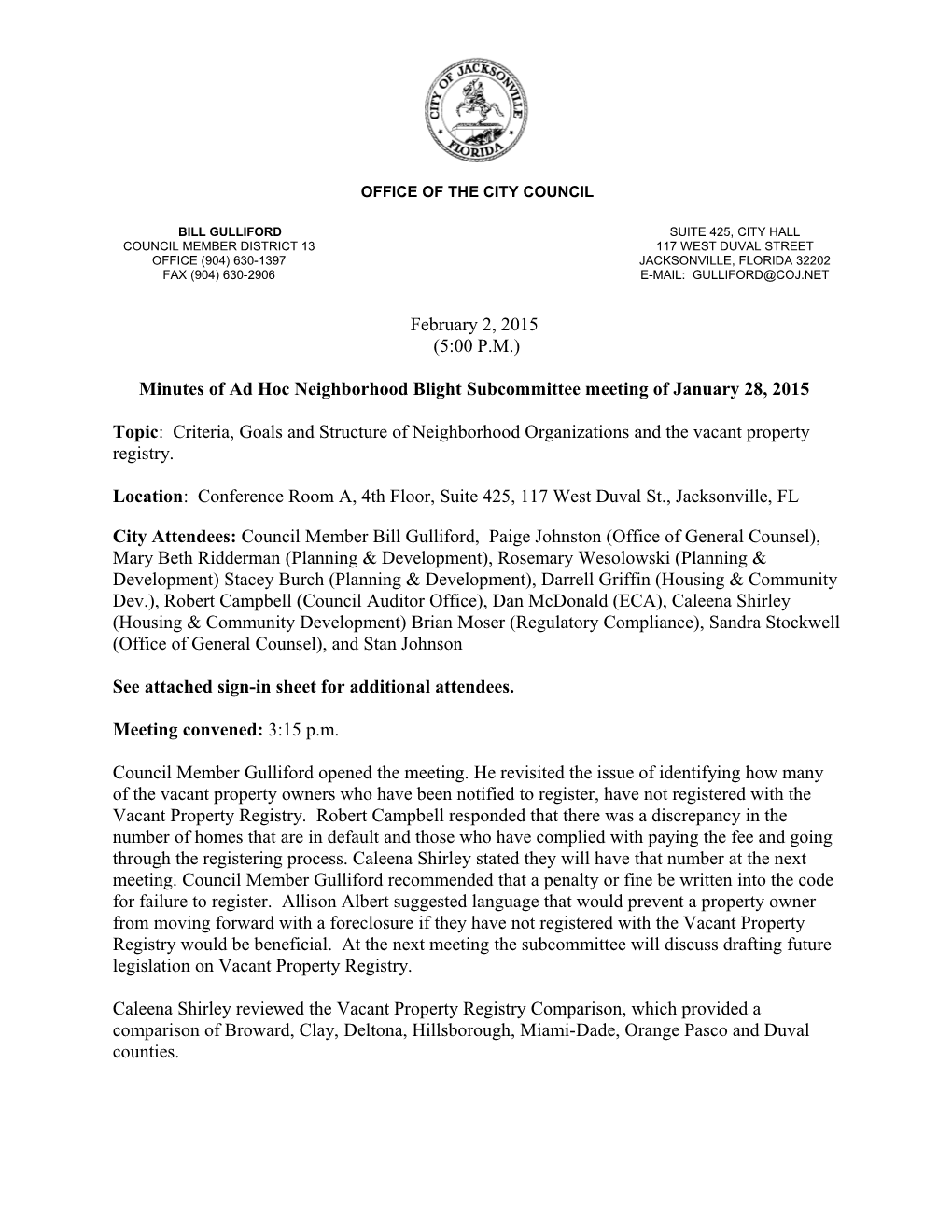 Minutes of Ad Hoc Neighborhood Blight Subcommittee Meetingof January 28, 2015
