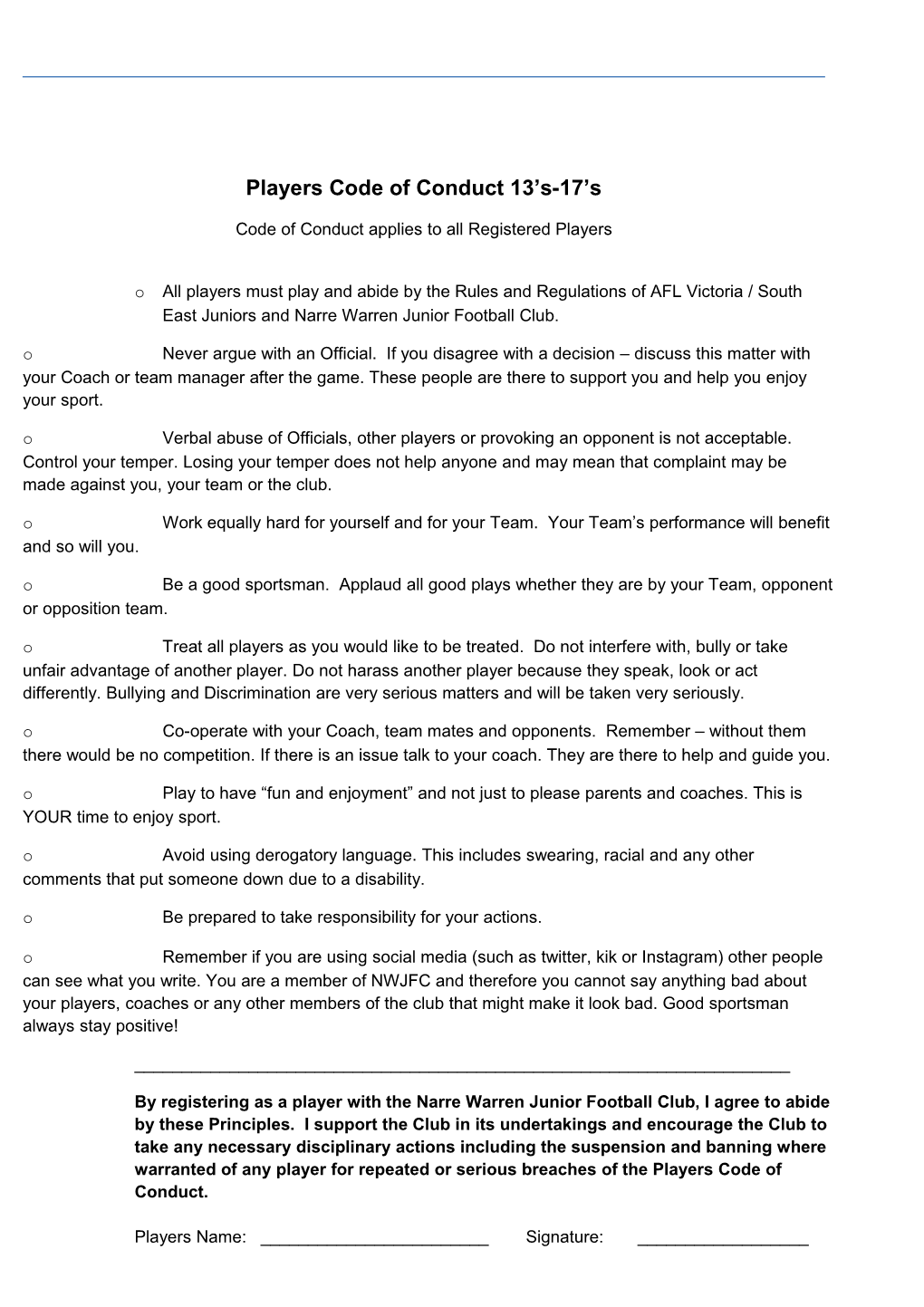 Players Code of Conduct 13 S-17 S