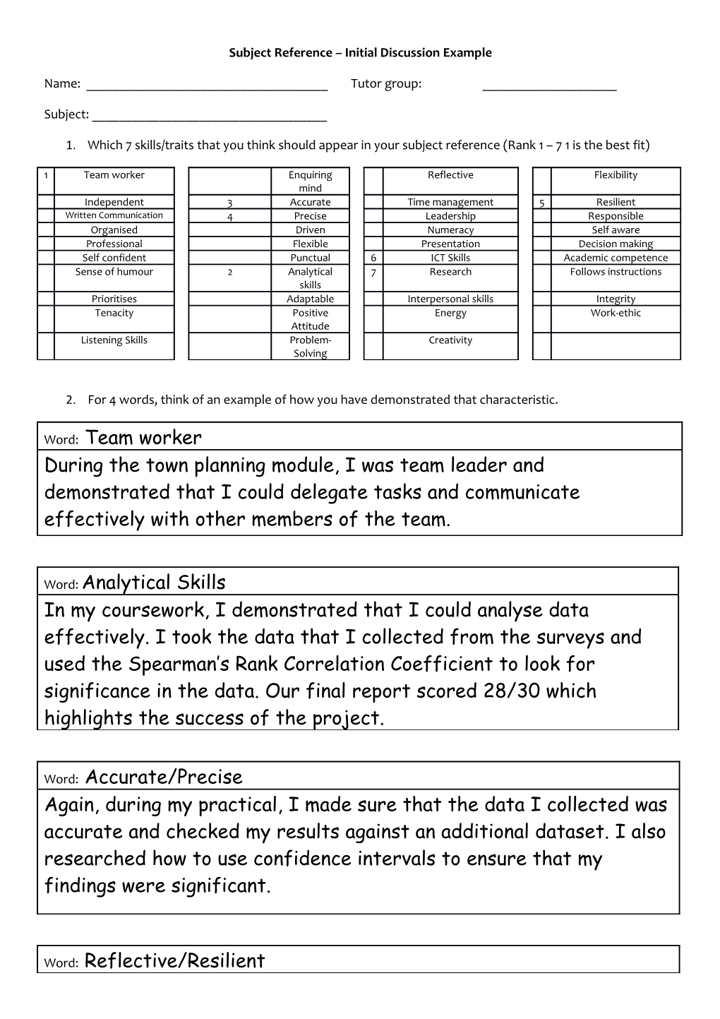 Subject Reference Initial Discussion Example