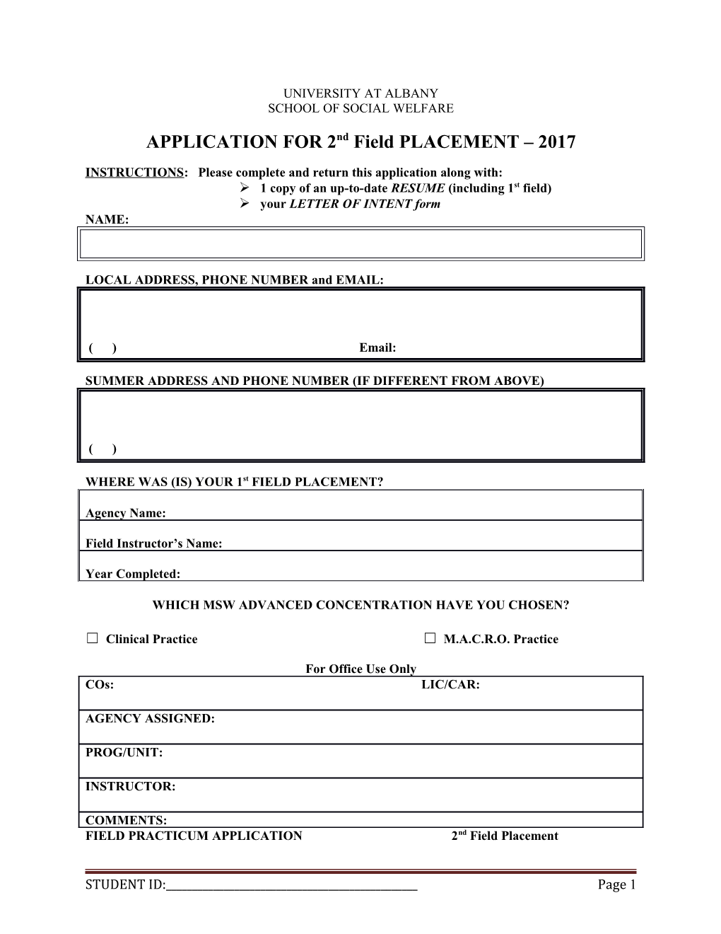 APPLICATION for 2Nd Field PLACEMENT 2017