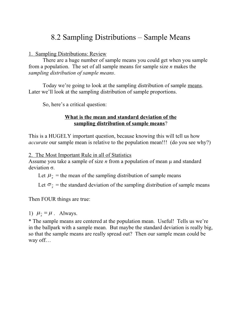 8.2 Sampling Distributions Sample Means