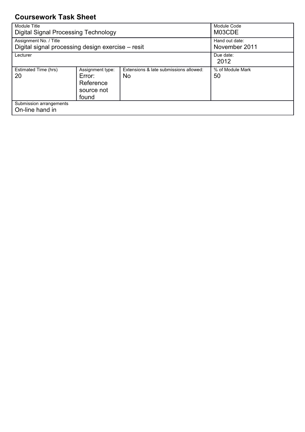 Coursework Task Sheet