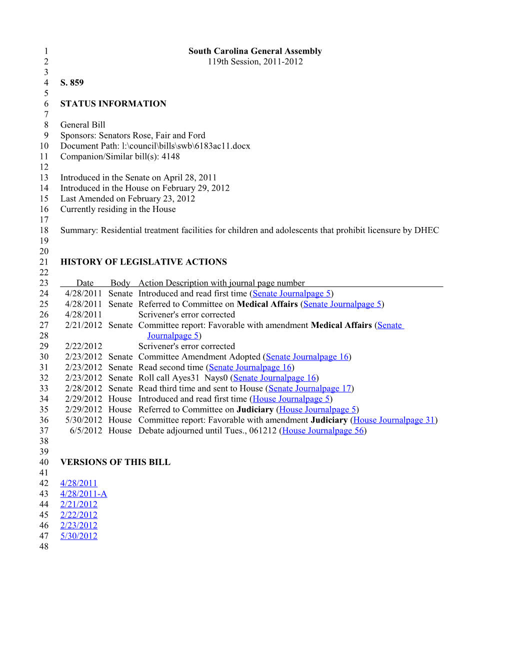 2011-2012 Bill 859: Residential Treatment Facilities for Children and Adolescents That