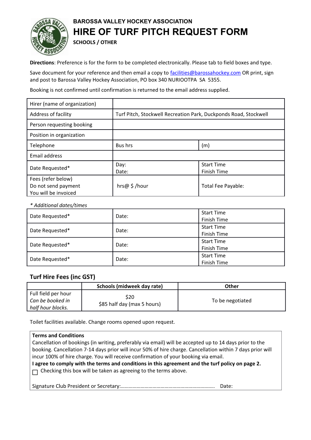 2011 Hire of Facilities Agreement General