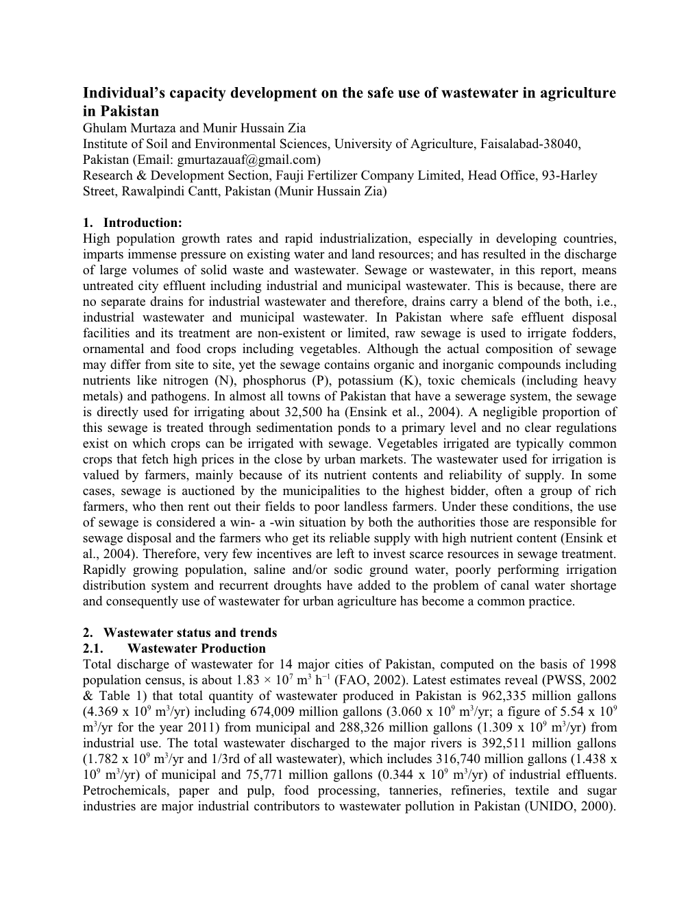 Individual S Capacity Development on the Safe Use of Wastewater in Agriculture in Pakistan