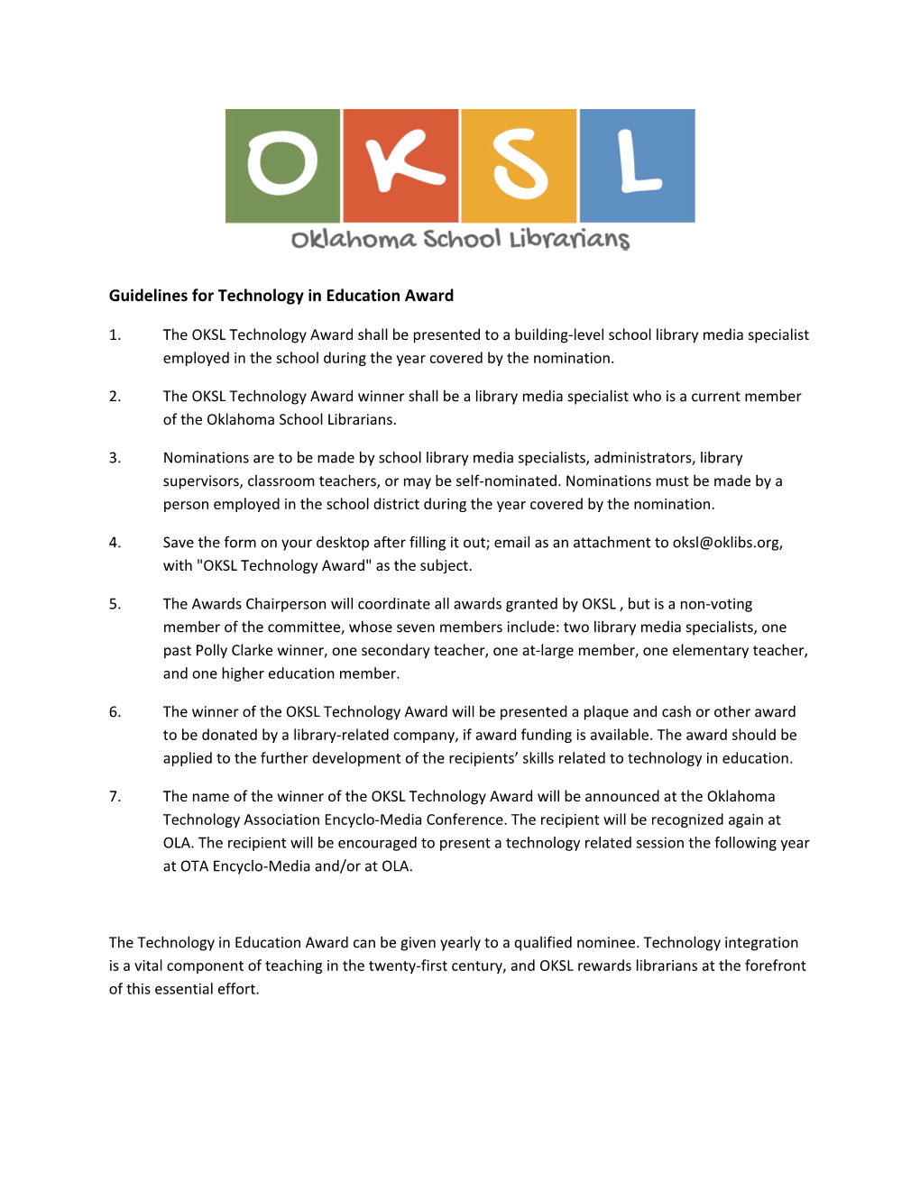 Guidelines for Technology in Education Award