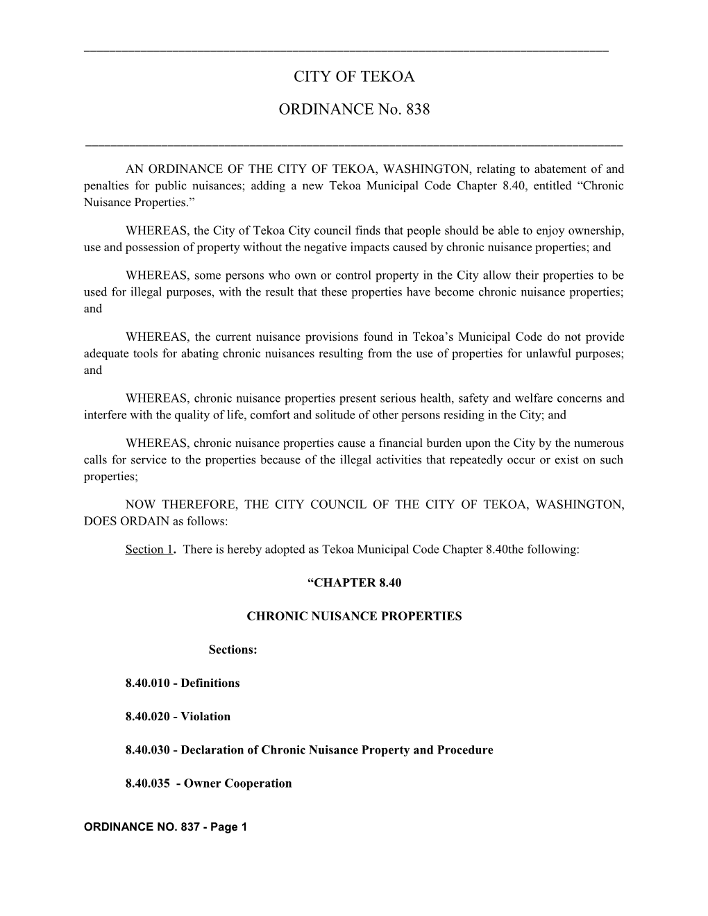 AN ORDINANCE of the CITY of TEKOA, WASHINGTON, Relating to Abatement of and Penalties For