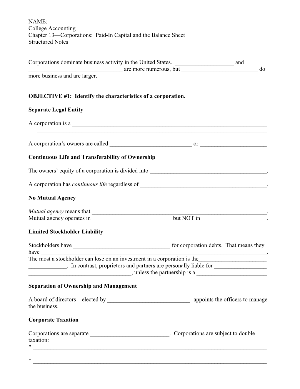 Chapter 13 Corporations: Paid-In Capital and the Balance Sheet